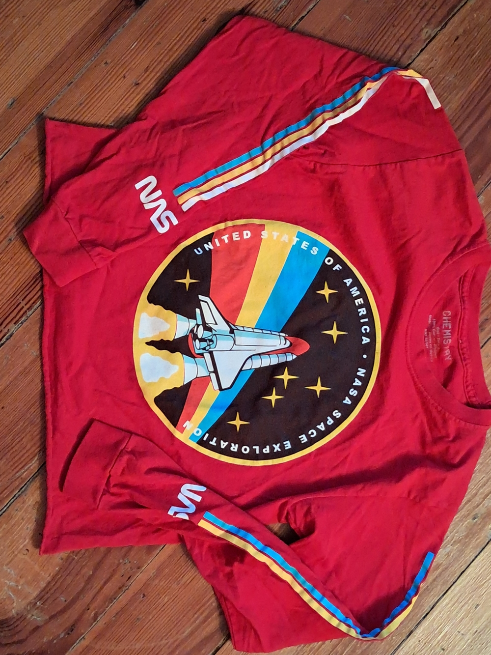 Chemistry Red Long-Sleeve NASA Shuttle Graphic Tee with Rainbow Sleeve Stripe